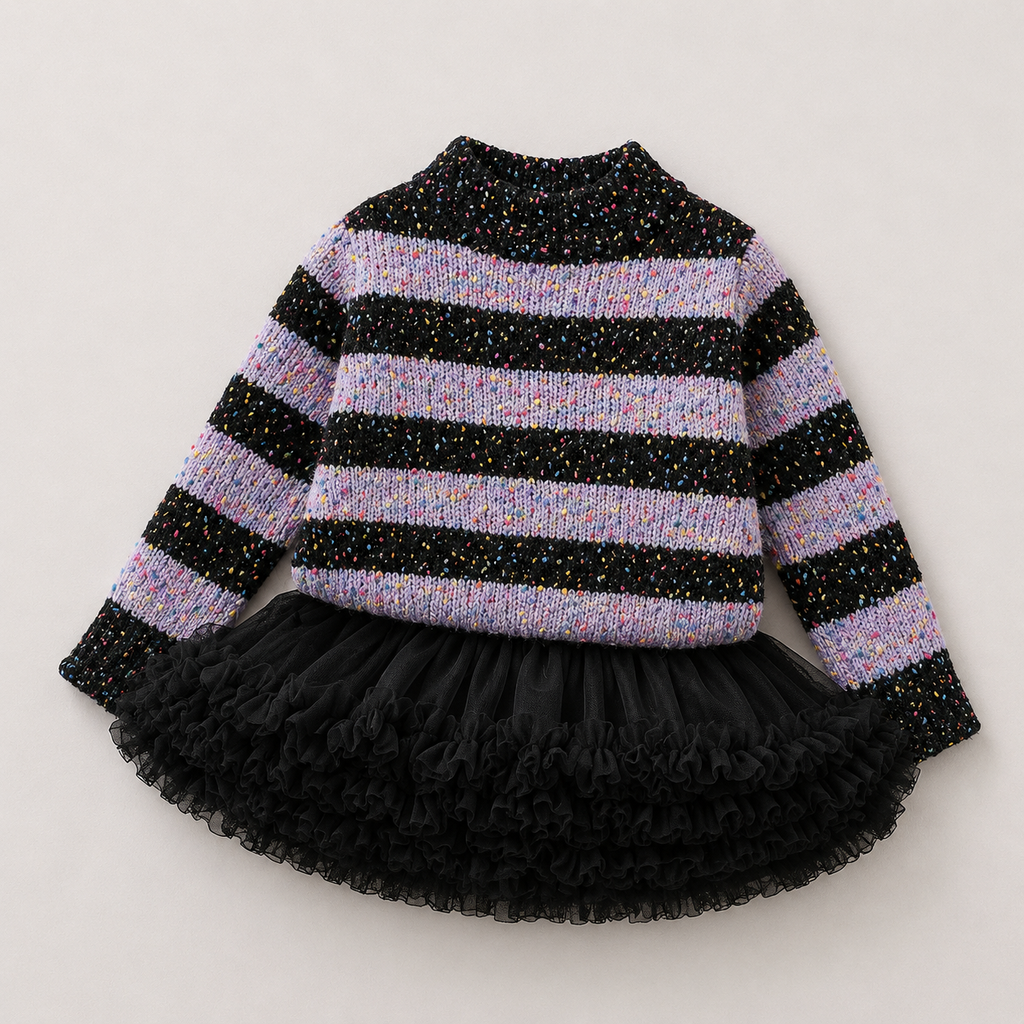 Girls Black Striped Sweater And Fluffy Skirt 2 Pcs Set