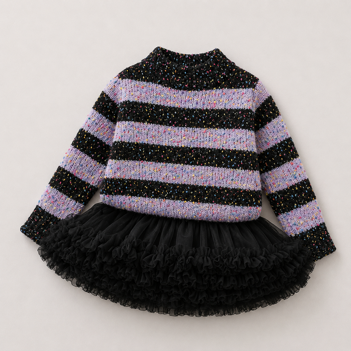Girls Black Striped Sweater And Fluffy Skirt 2 Pcs Set