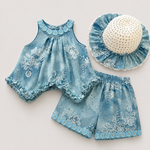 Girls Blue Floral Print Sleeveless Top & Shorts Co-ord Set With Hat