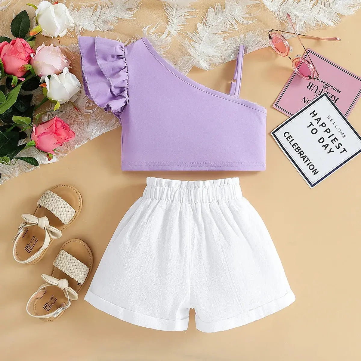 Girls Purple Crop Top And Shorts 2 Pcs Set