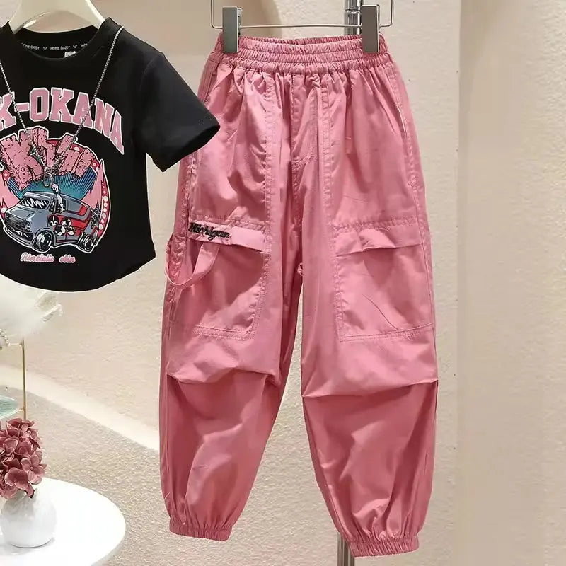 Girls Black T-Shirt And Pink Cargo Pants 2 Pcs Set