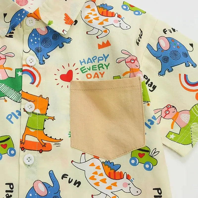 Boys Cartoon Printed Shirt And Solid Shorts 2 Pcs Set