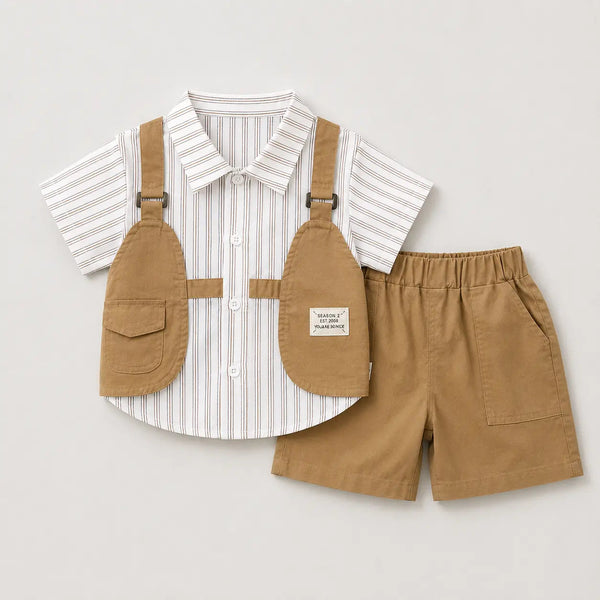Boys Striped Suspender Shirt With Khaki Shorts