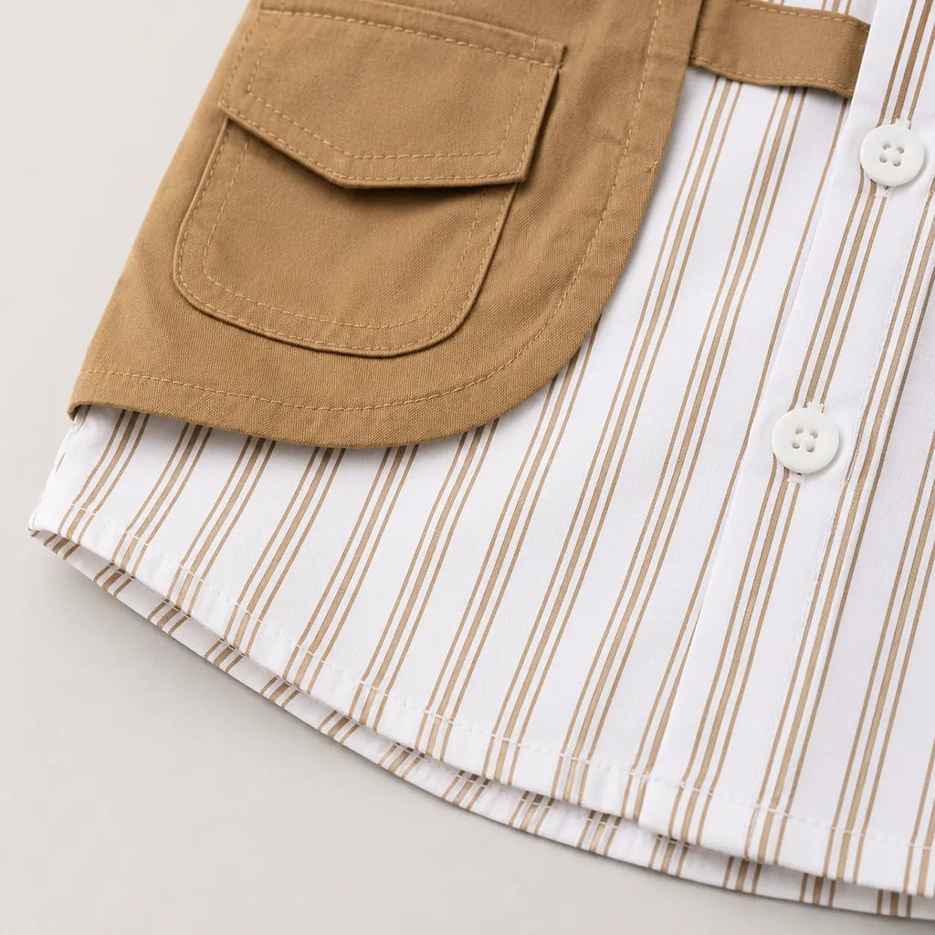 Boys Striped Suspender Shirt With Khaki Shorts