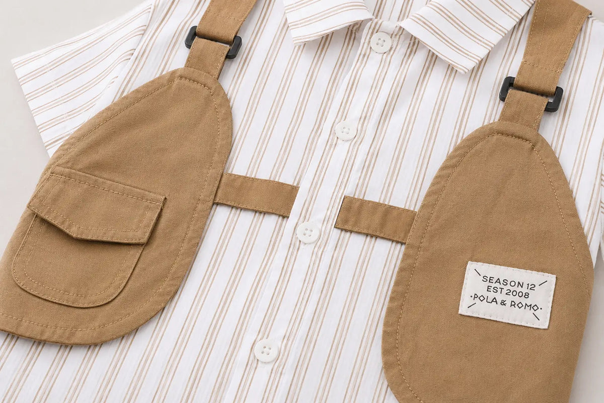 Boys Striped Suspender Shirt With Khaki Shorts