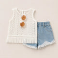 Ivory Lace Fringe Top & Denim Shorts Set