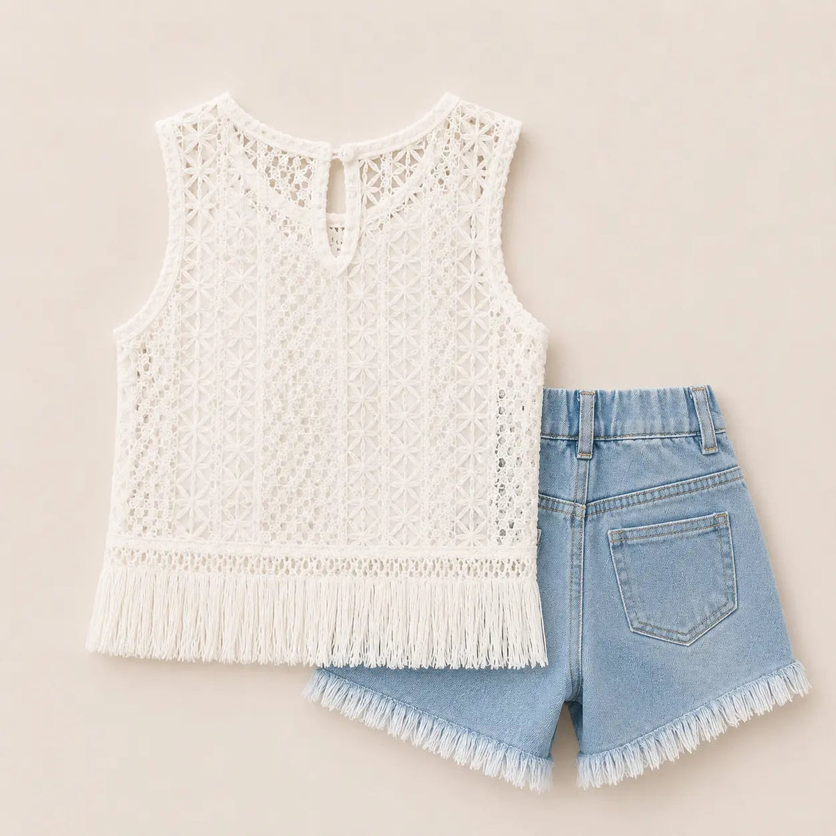 Ivory Lace Fringe Top & Denim Shorts Set