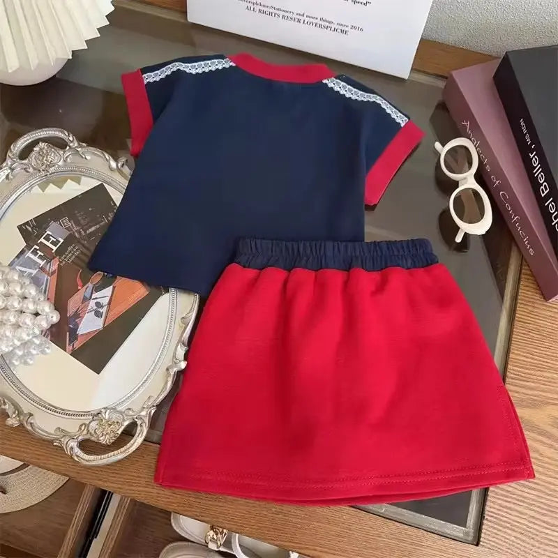 Girls Blue Graphic T-Shirt With Red Skirt