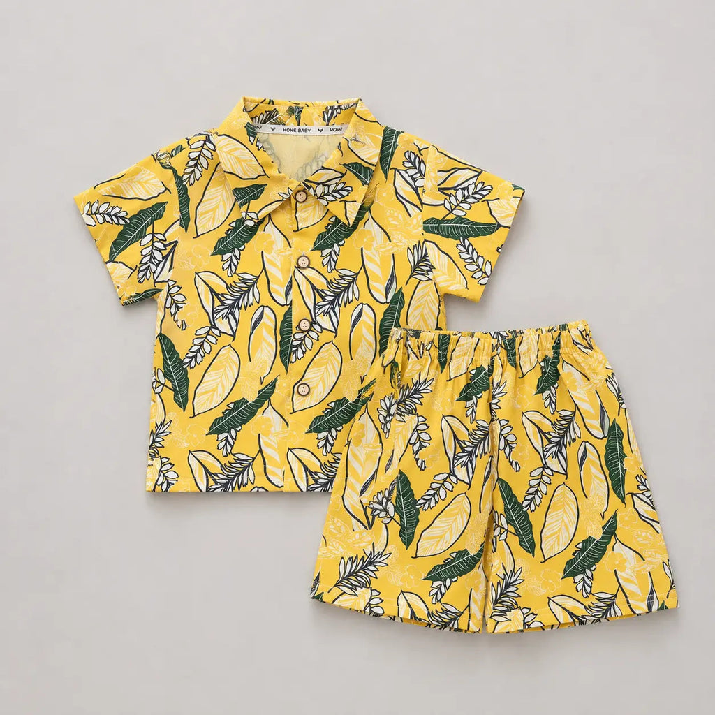 Boys Yellow Printed Shirt And Shorts Set