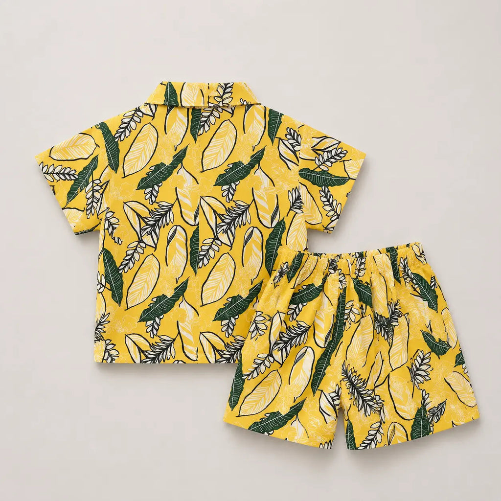 Boys Yellow Printed Shirt And Shorts Set