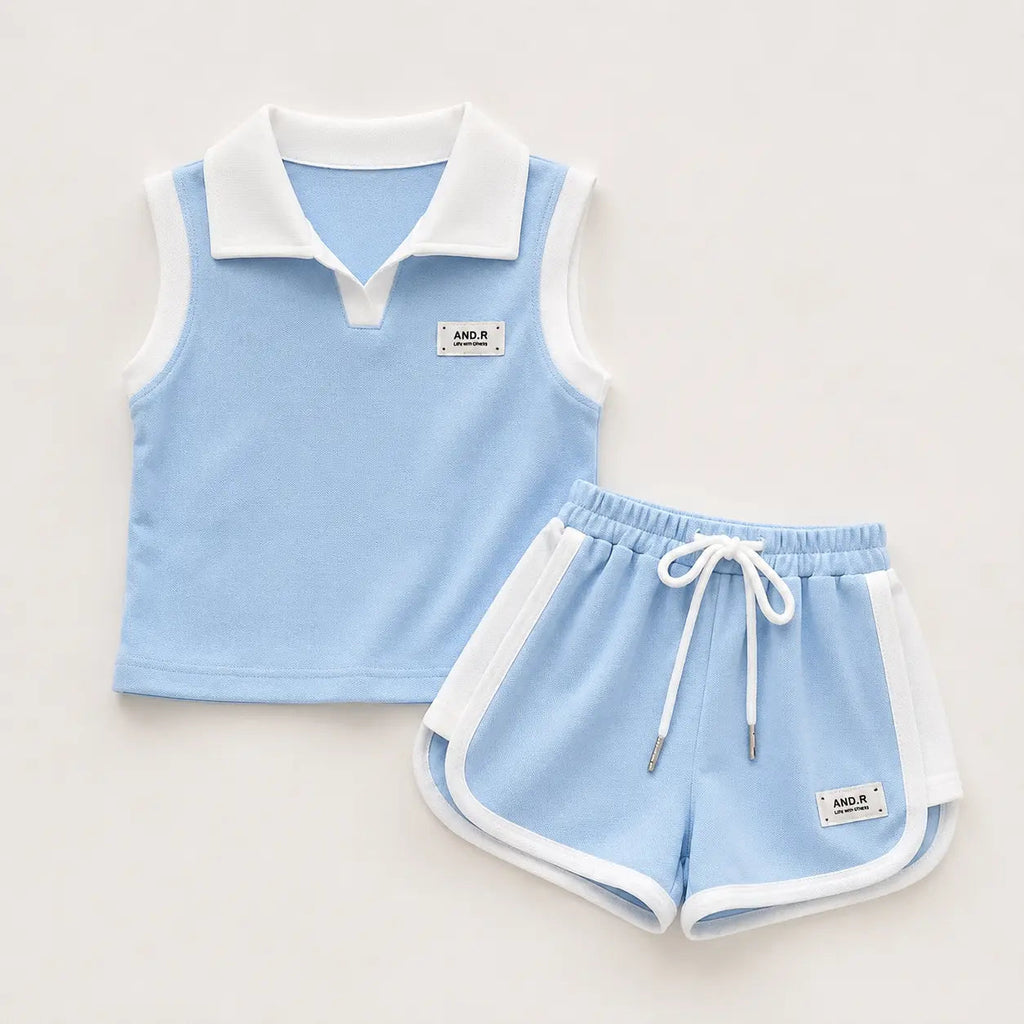 Girls Light Blue Polo Top And Shorts 2 Pcs Set