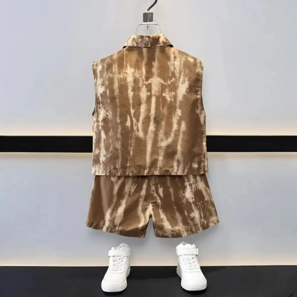 Boys Brown Sleeveless Shirt & Shorts Set with Zipper Pocket