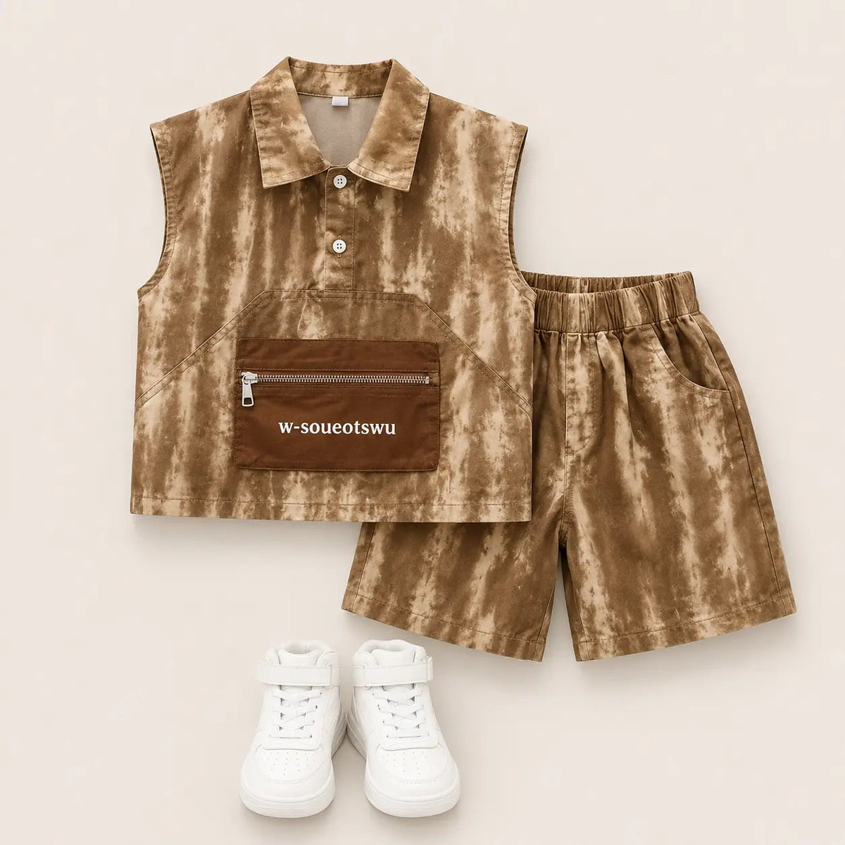 Boys Brown Sleeveless Shirt & Shorts Set with Zipper Pocket