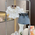 Girls White Ruffled Top And Denim Skirt With 2 Belts
