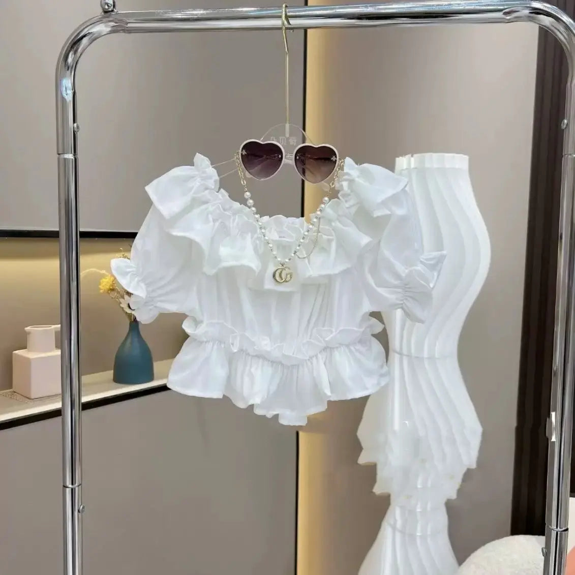 Girls White Ruffled Top And Denim Skirt With 2 Belts