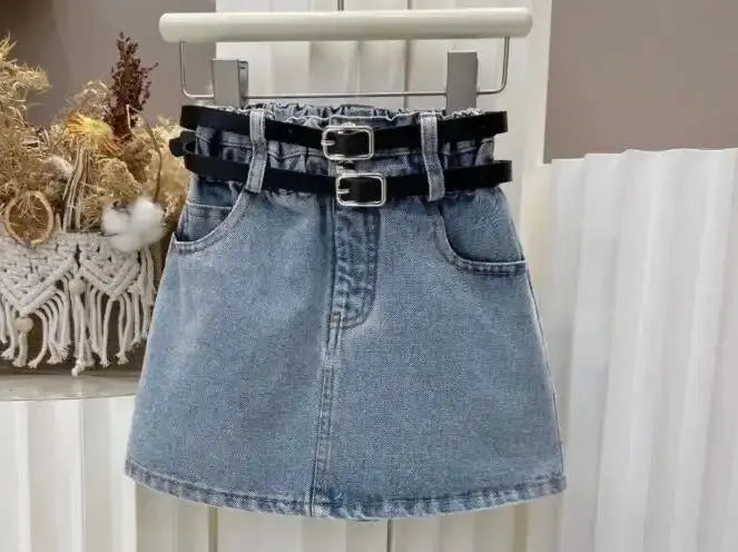 Girls White Ruffled Top And Denim Skirt With 2 Belts