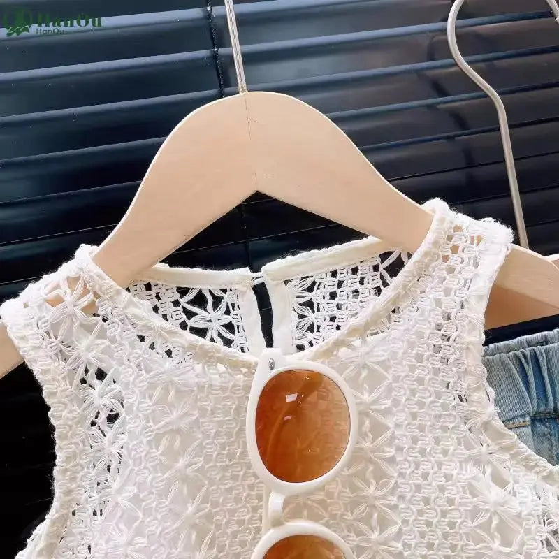 Ivory Lace Fringe Top & Denim Shorts Set