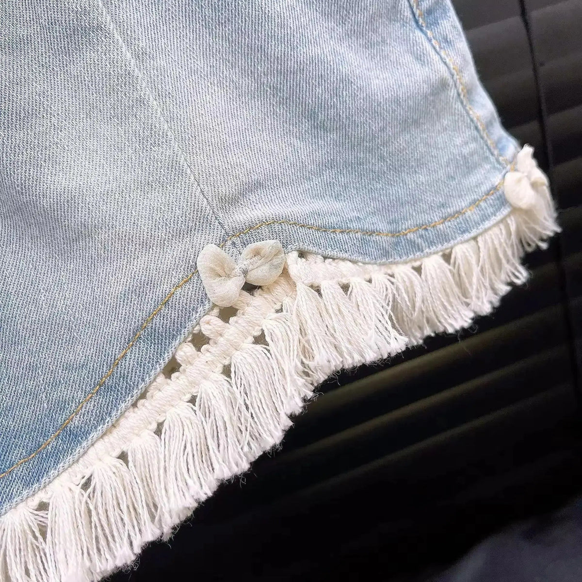 Ivory Lace Fringe Top & Denim Shorts Set