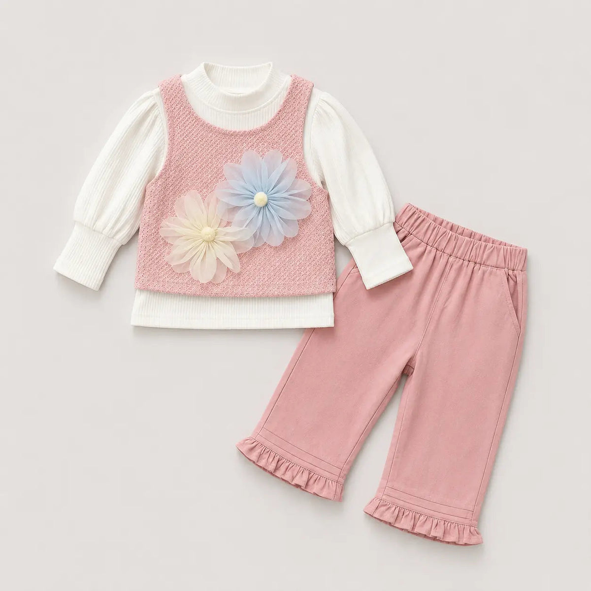 Girls 3-Piece Floral Mesh Top, Inner Tee & Pants Set
