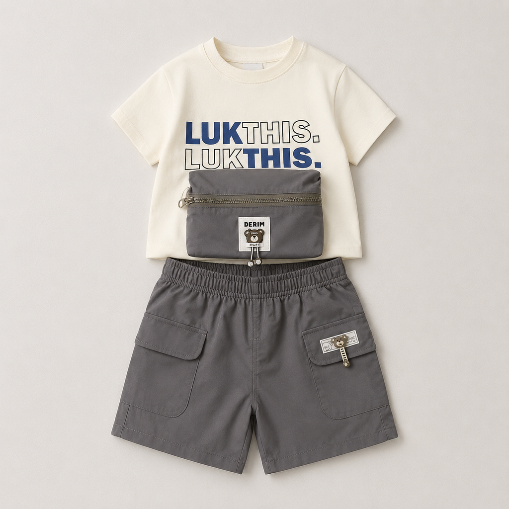 Boys Graphic Tee & Cargo Shorts Set with Waist Pouch