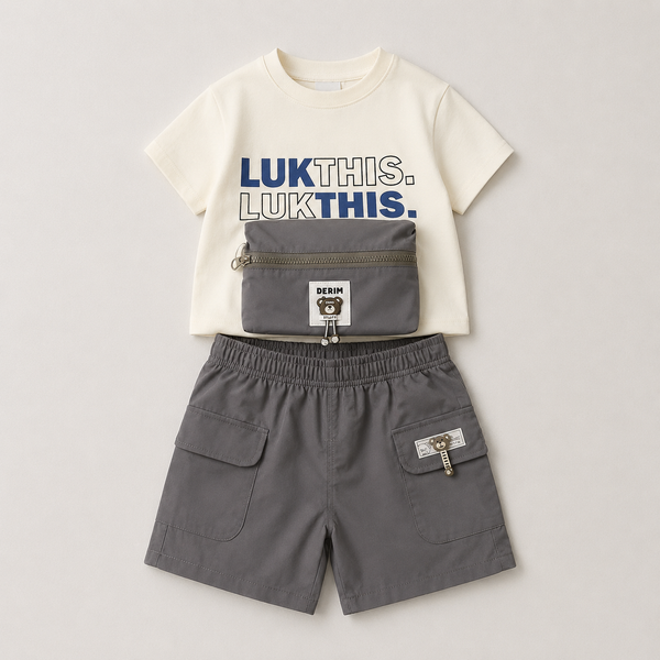 Boys Graphic Tee & Cargo Shorts Set with Waist Pouch