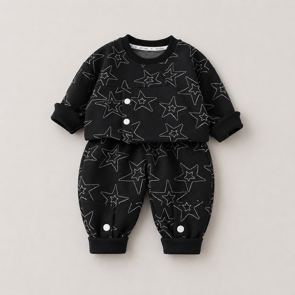 Boys Black Starry Co-Ord With Button Details
