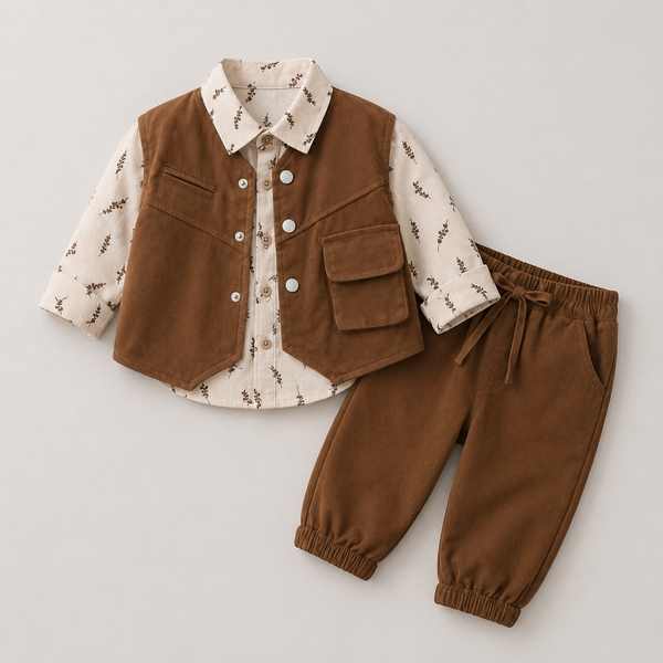 Boys Little Explorer 3-Piece Set – Brown Jacket, Shirt & Joggers