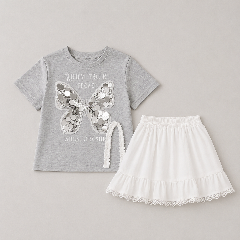 Girls Butterfly Sequins Top And Skirt 2 Pcs Set