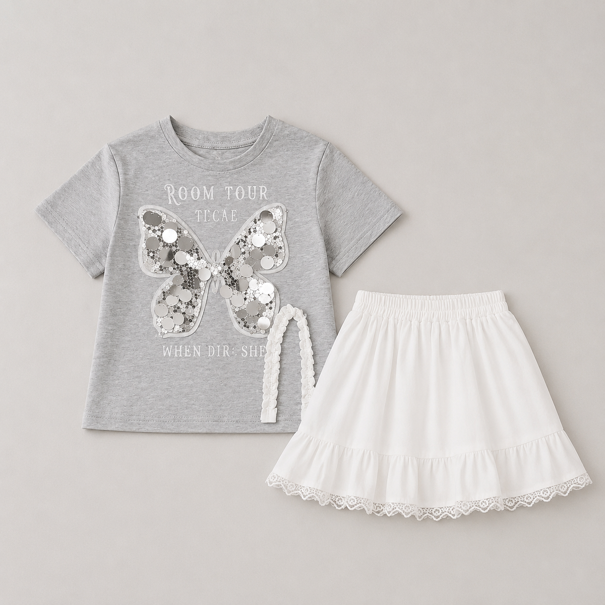 Girls Butterfly Sequins Top And Skirt 2 Pcs Set