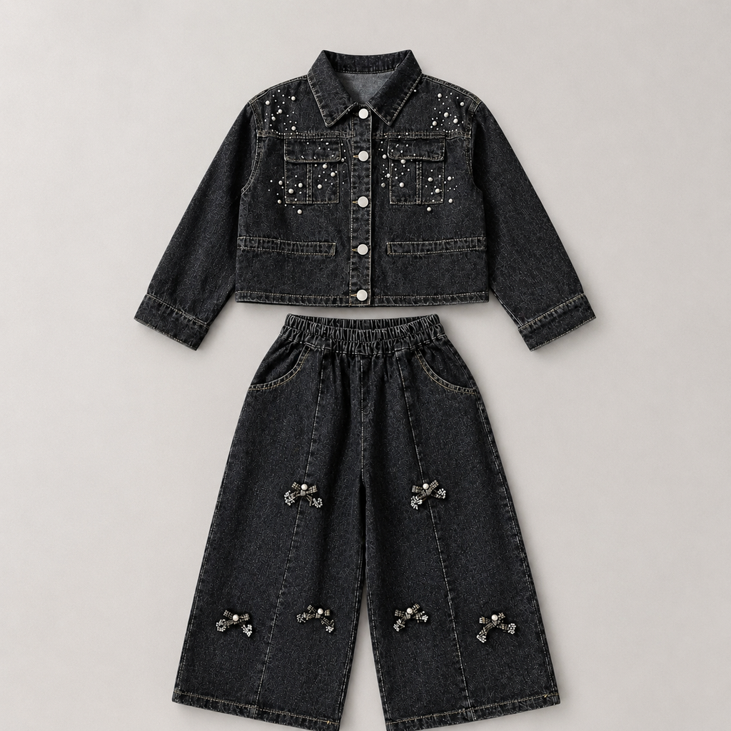 Girls Sequin-Studded Black Denim Co-ord Set
