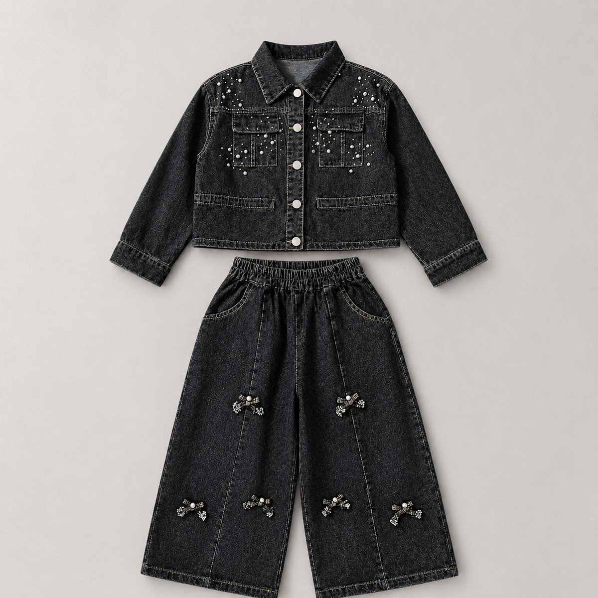 Girls Sequin-Studded Black Denim Co-ord Set