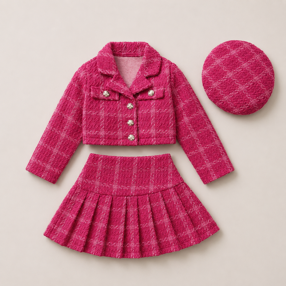 Girls Tweed Jacket And Skirt Set With Matching Cap