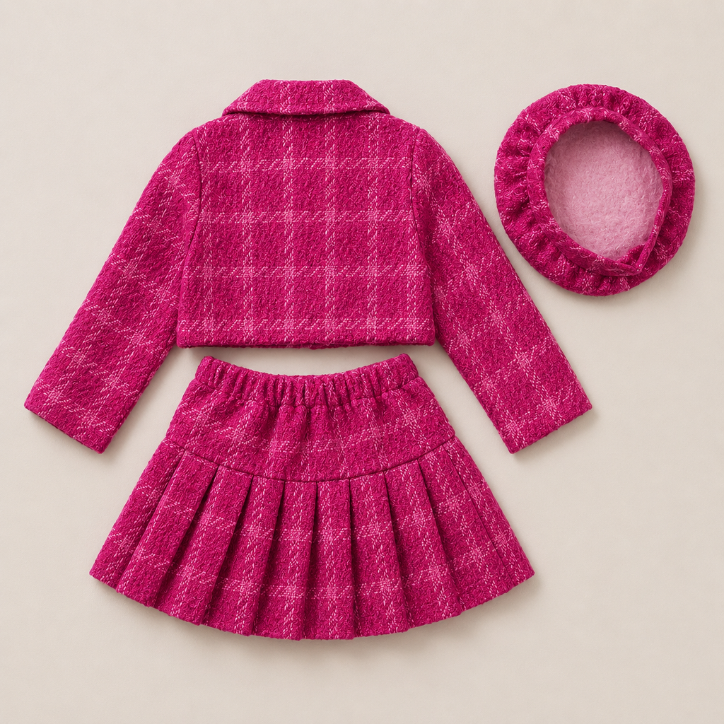 Girls Tweed Jacket And Skirt Set With Matching Cap