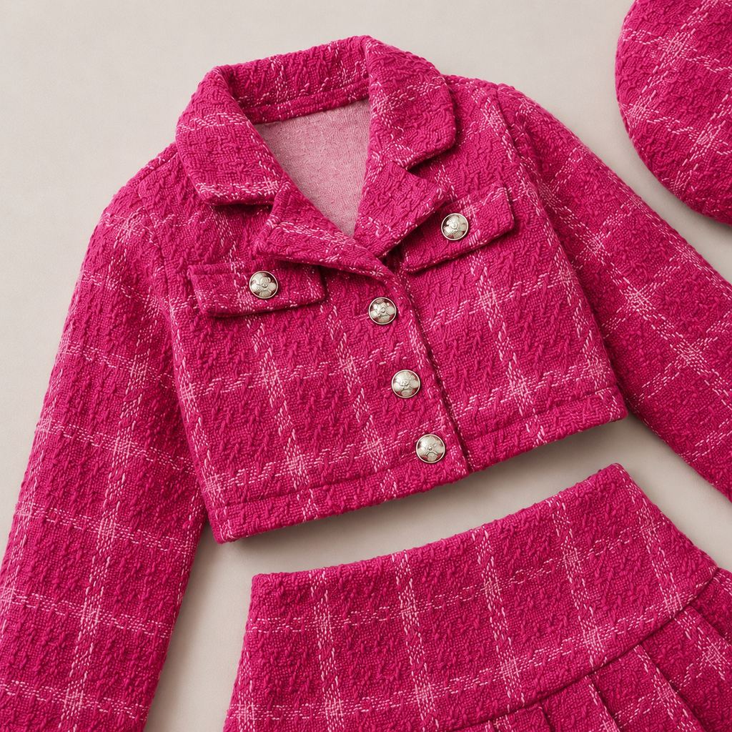 Girls Tweed Jacket And Skirt Set With Matching Cap