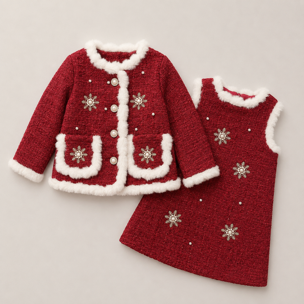 Girls Elegant Tweed Red Coat With Matching Dress
