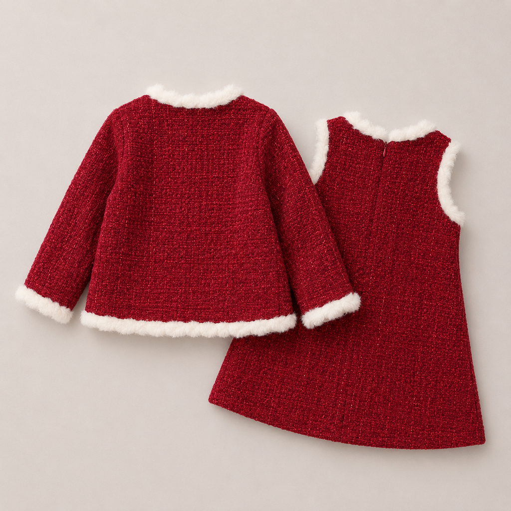 Girls Elegant Tweed Red Coat With Matching Dress