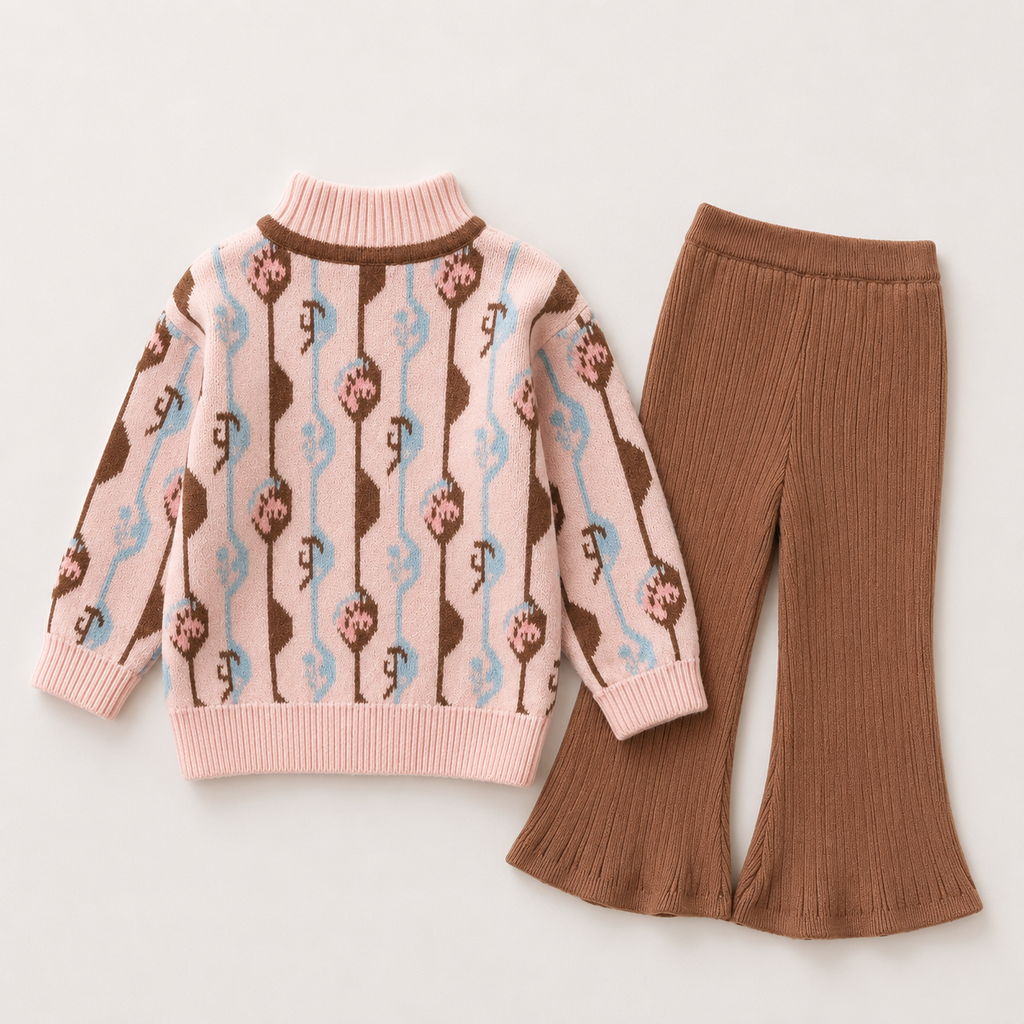 Girls Pink Printed Knitted Top And Palazzo 2 Pcs Set