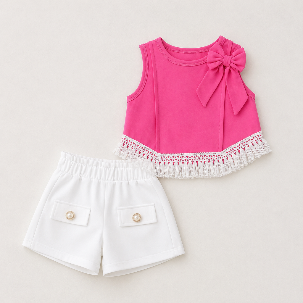 Girls Cute Pink Bow Top & White Shorts Summer Outfit Set