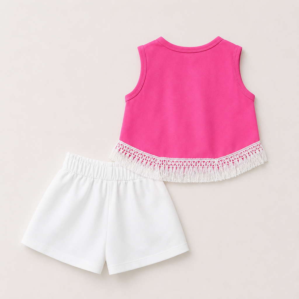 Girls Cute Pink Bow Top & White Shorts Summer Outfit Set