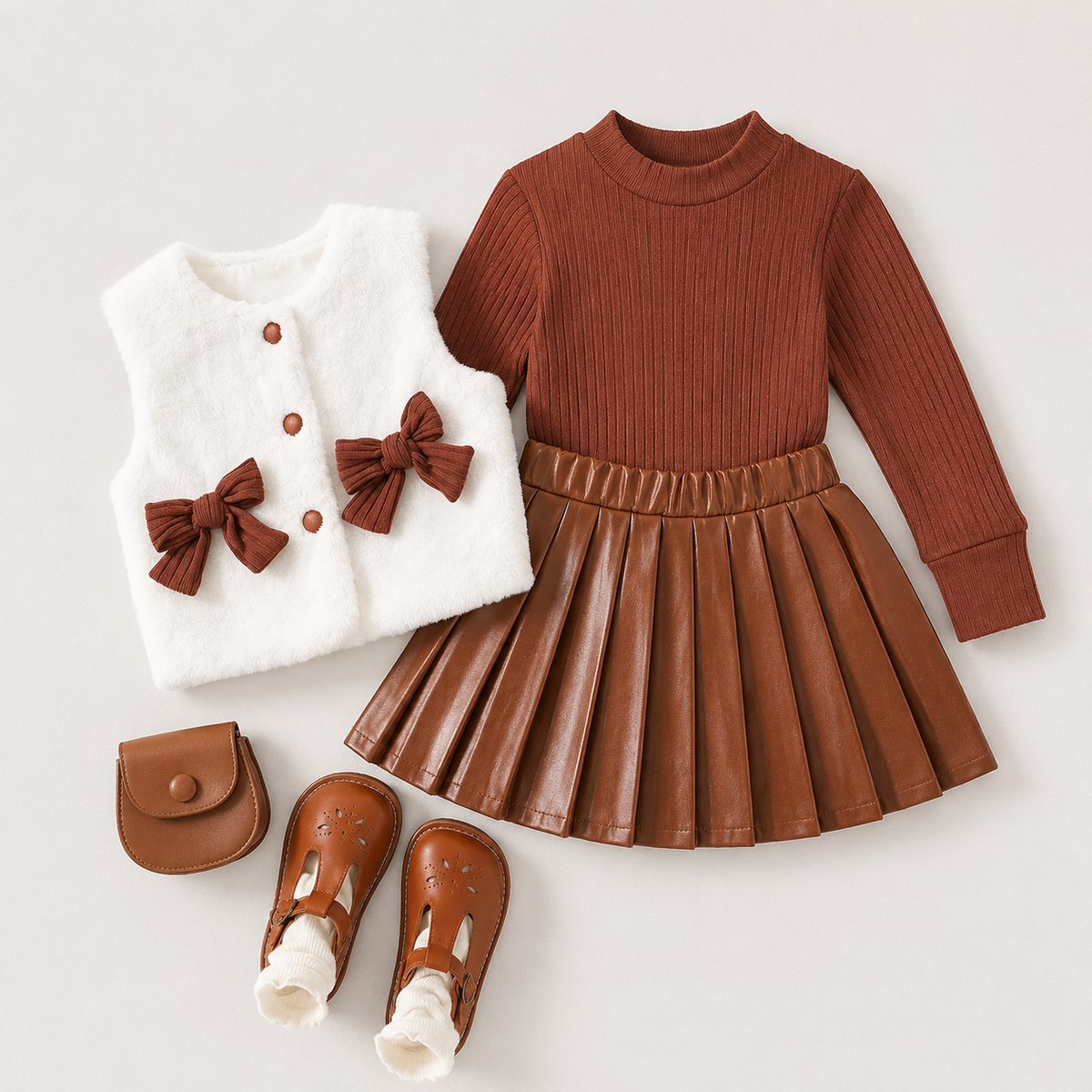 Girls Knitted Top With Jacket And Pleated Skirt