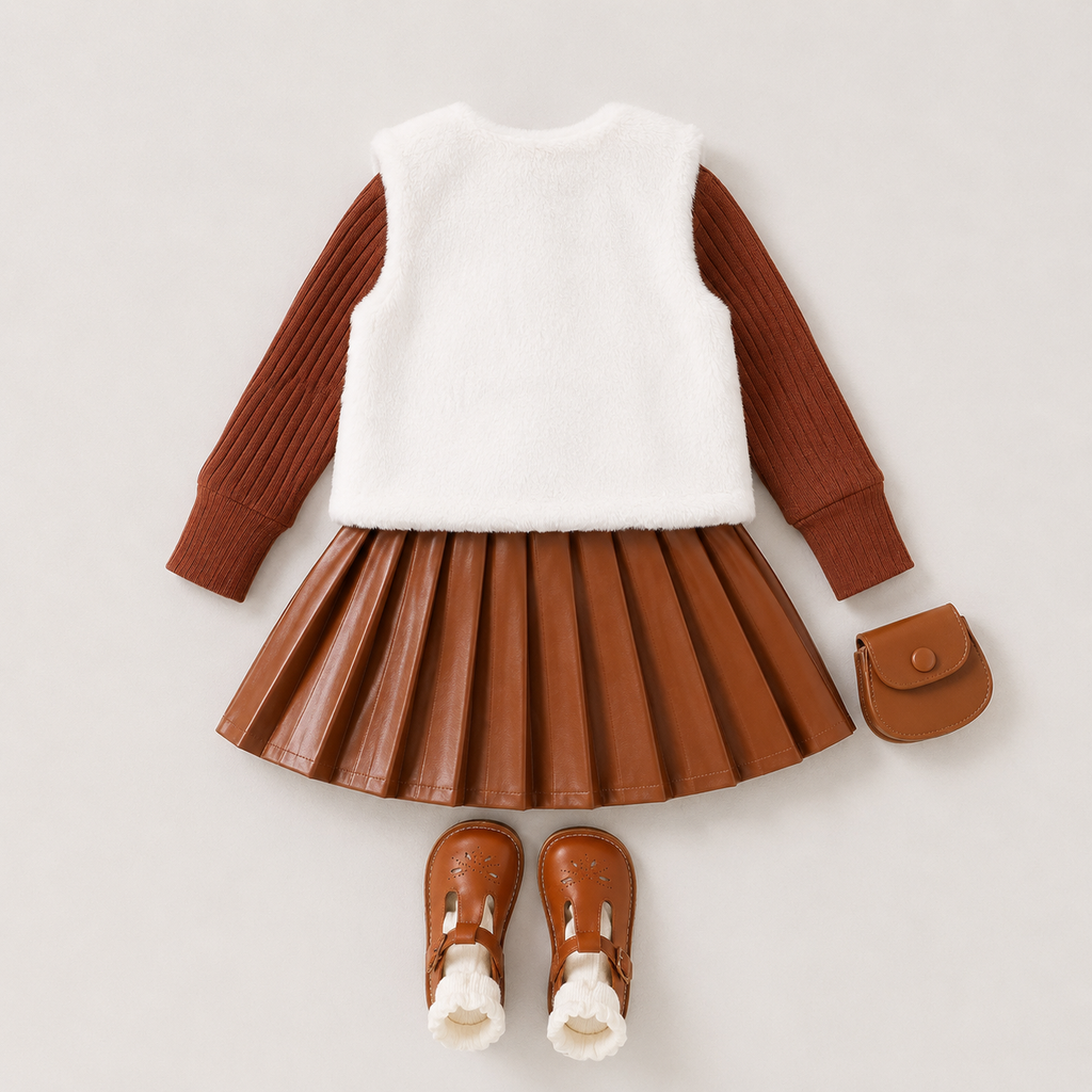 Girls Knitted Top With Jacket And Pleated Skirt
