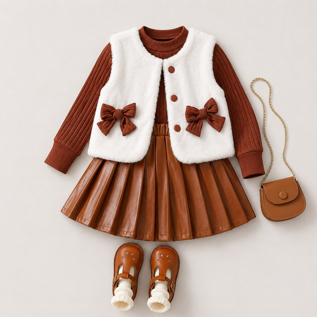 Girls Knitted Top With Jacket And Pleated Skirt