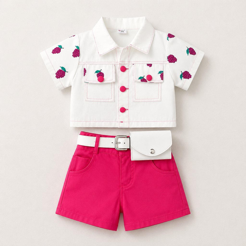 Girls White Shirt With Pink Shorts and Waist Bag 3 Pcs Set
