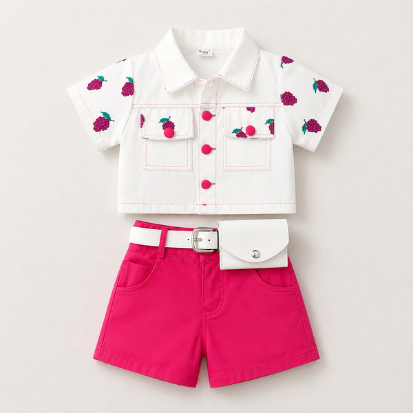 Girls White Shirt With Pink Shorts and Waist Bag 3 Pcs Set