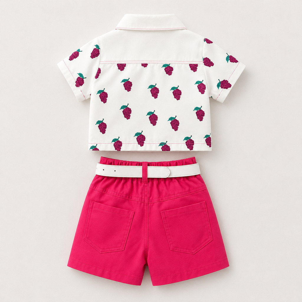 Girls White Shirt With Pink Shorts and Waist Bag 3 Pcs Set