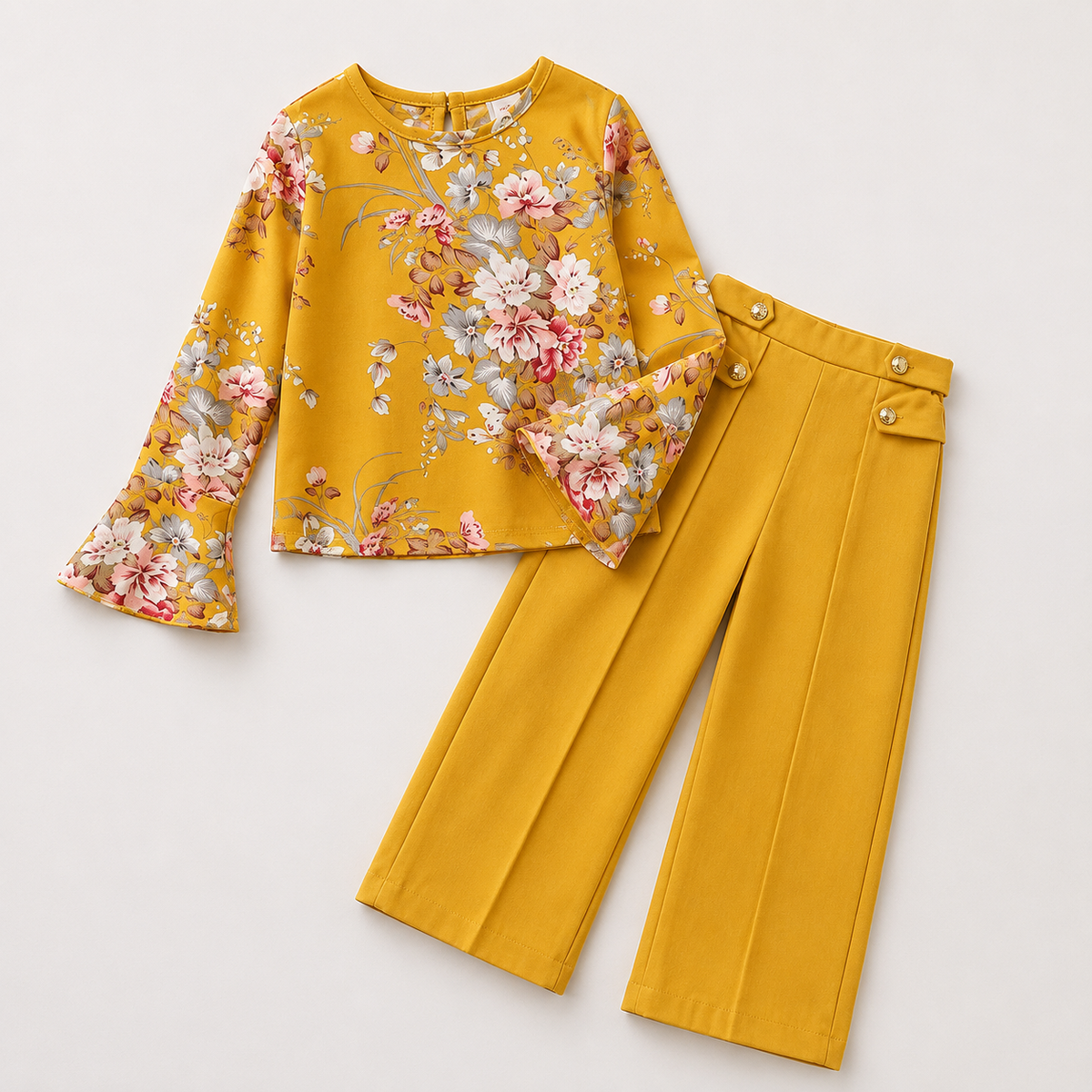 Girls Yellow Floral Printed Top And Pants 2 Pcs Set
