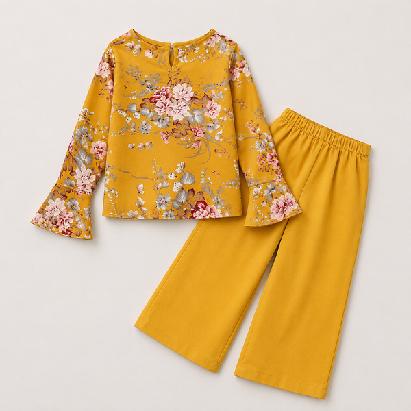 Girls Yellow Floral Printed Top And Pants 2 Pcs Set