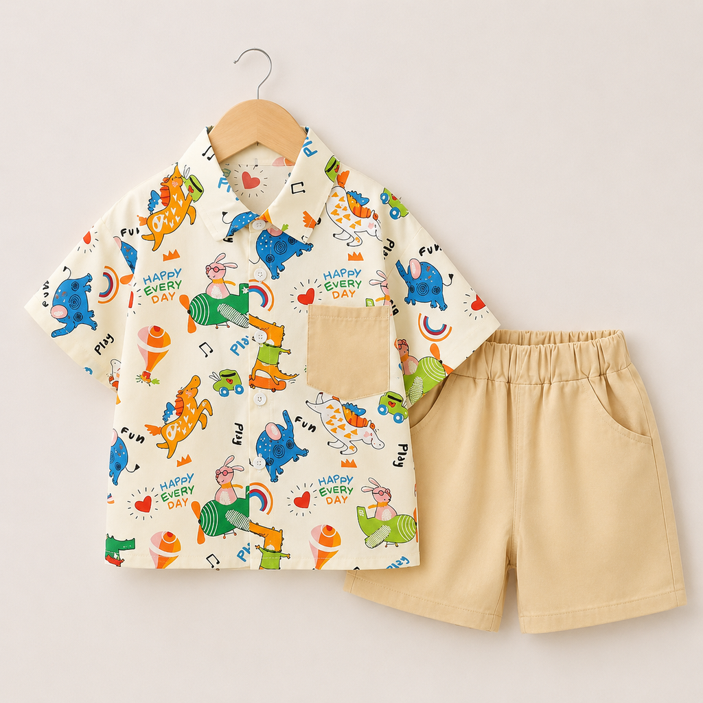 Boys Cartoon Printed Shirt And Solid Shorts 2 Pcs Set