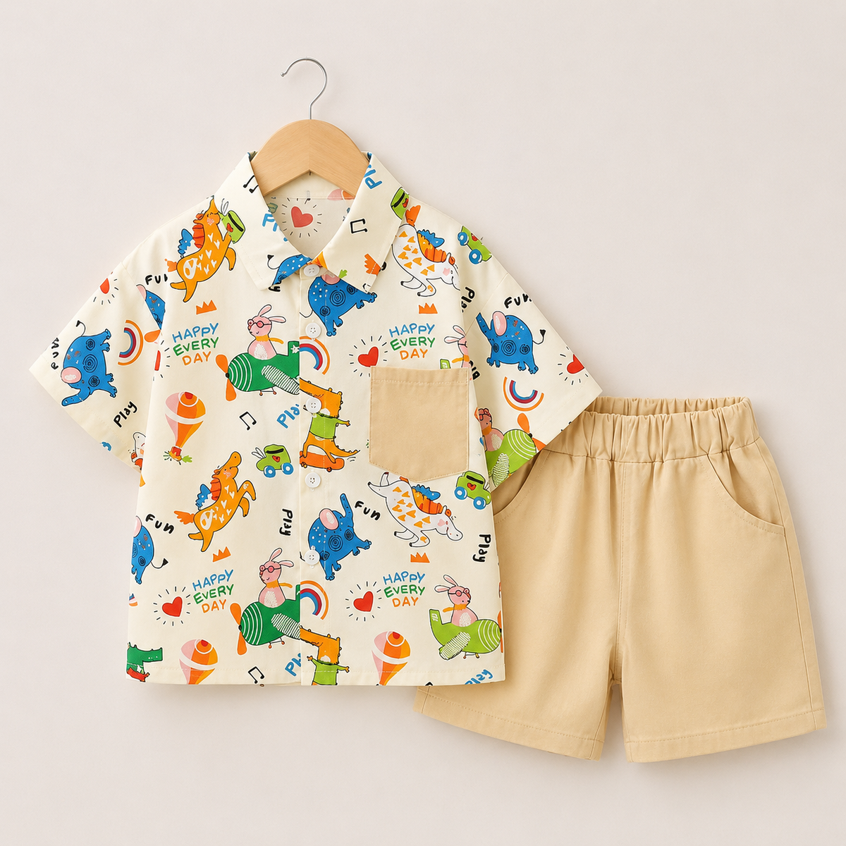 Boys Cartoon Printed Shirt And Solid Shorts 2 Pcs Set