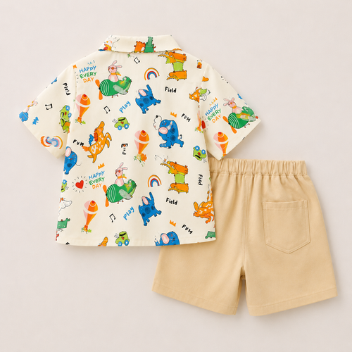Boys Cartoon Printed Shirt And Solid Shorts 2 Pcs Set